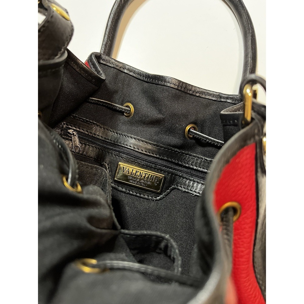 Valentina Carrano Red / Black Leather Bucket Bag Crossbody Purse - Picture 7 of 9